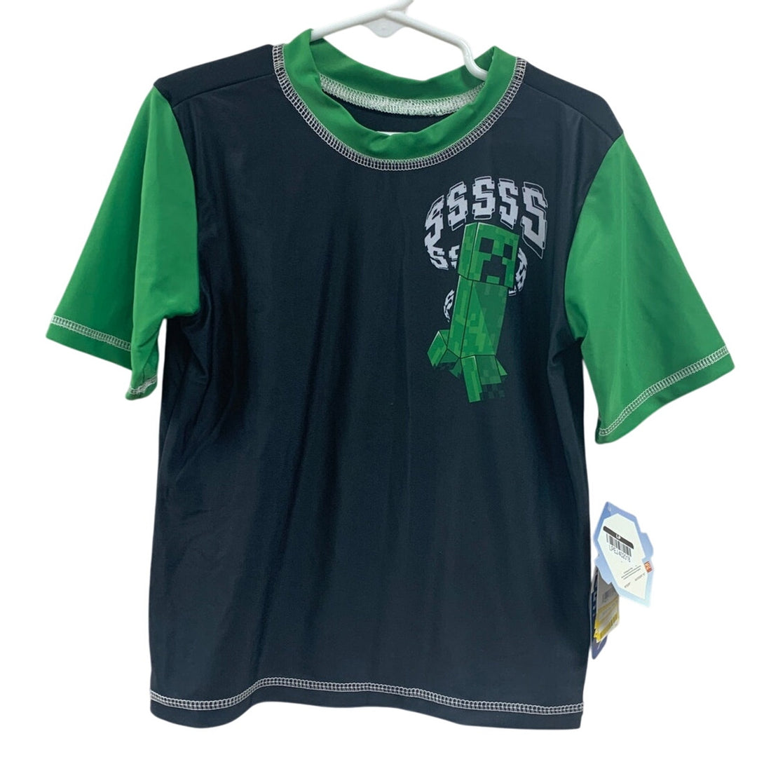 NWT New Minecraft Creeper Boys Small PolySpandex UPF 50+ Short Sleeve Swim Shirt