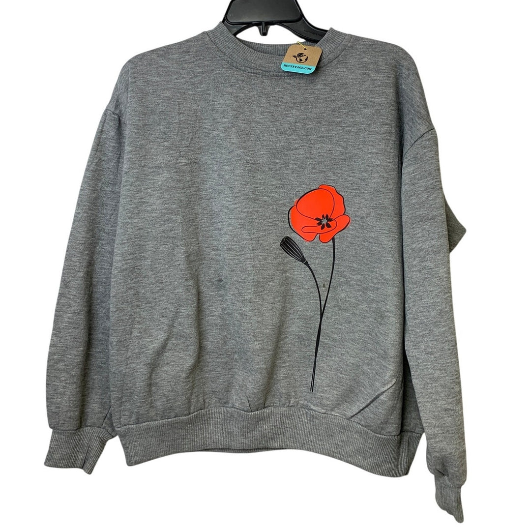 Upcycled Hand Printed Womens Small Gray Red Poppy Flower Front Back Sweatshirt