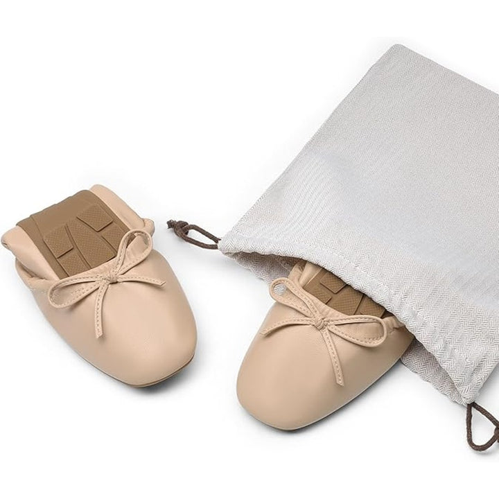 New Dream Pairs Womens 7.5 Nude Tan Foldable Square Toe Ballet Flats Shoes w Bag