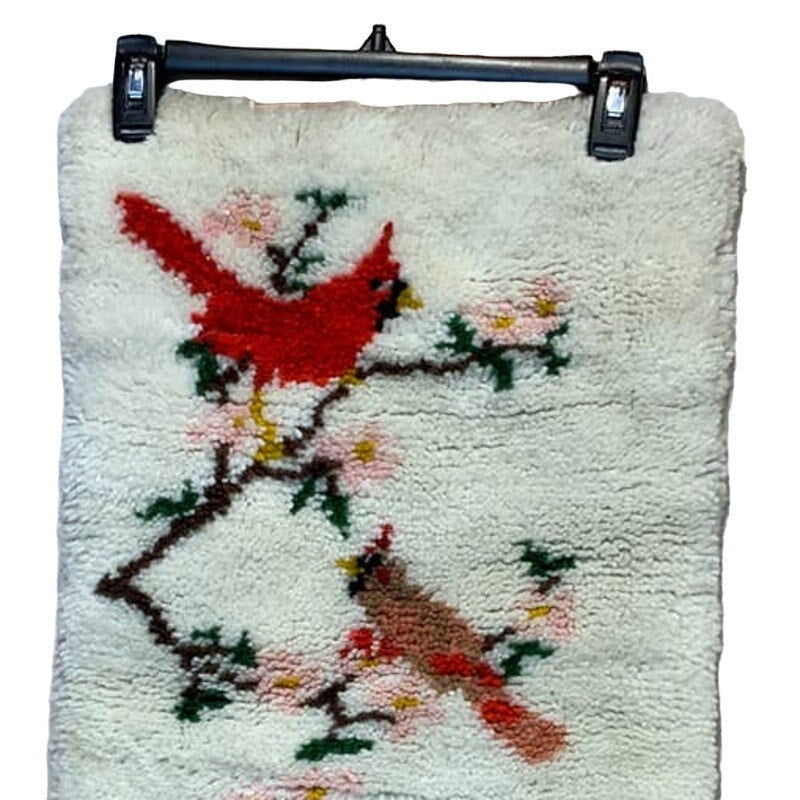 Vintage Handmade Acrylic Yarn Latch Hook Red Cardinal Bird Wall Hanging Rug Art
