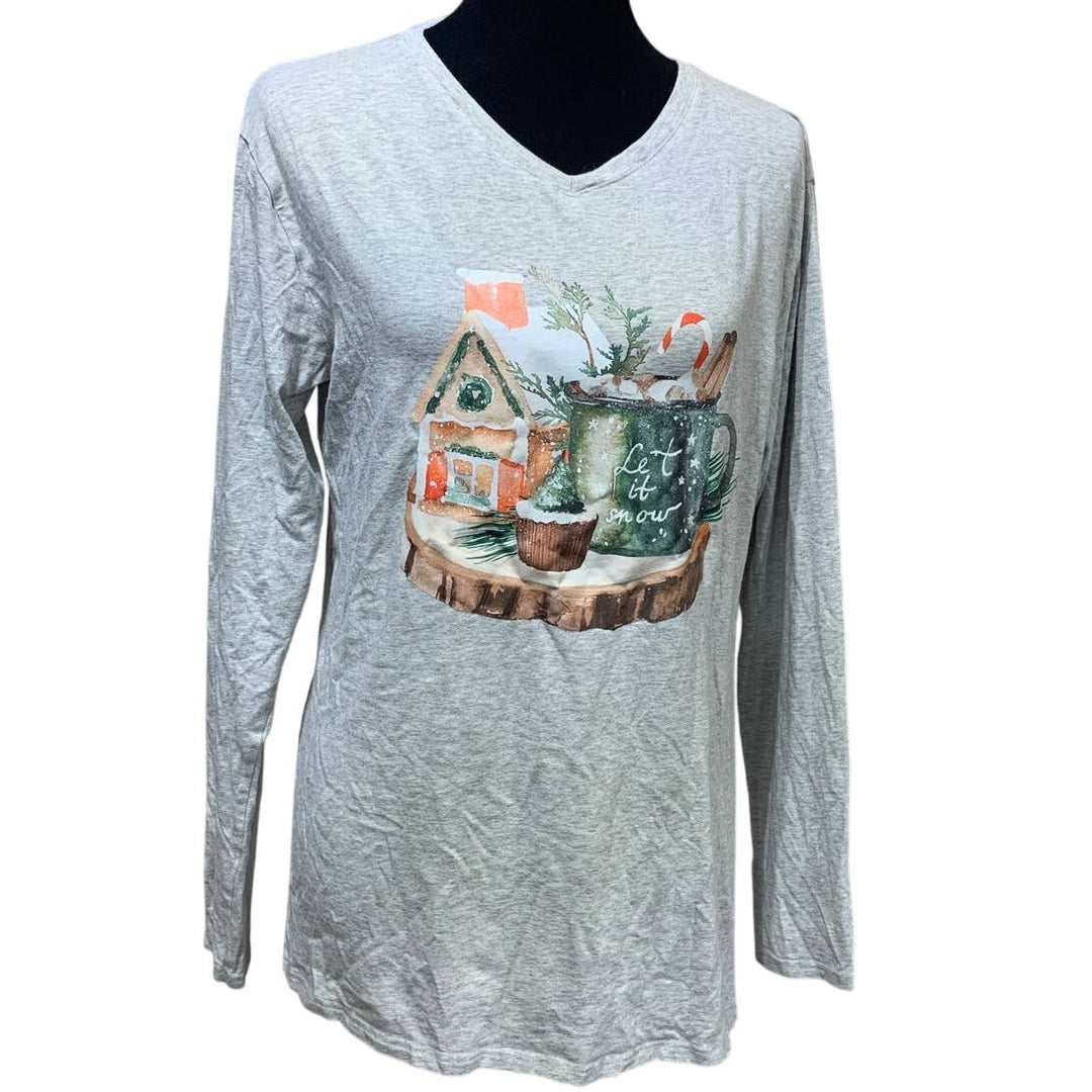 Upcycled Hand Printed Womens XL Christmas Tree Cupcake Cocoa Long Sleeve Tee