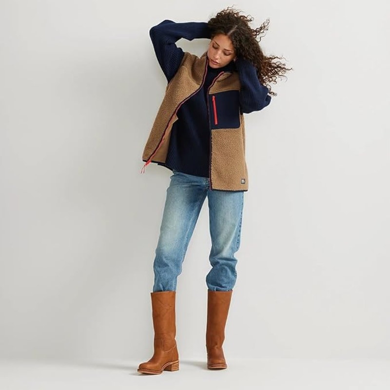 New Eddie Bauer Womens Large Navy Tan Zip Up Chilali Faux Shearling Fleece Vest
