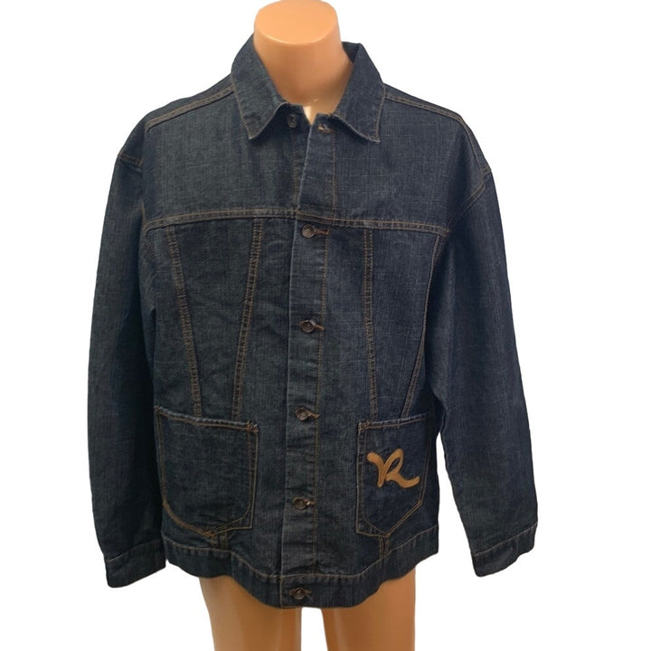 Rocawear Mens XL PolyCotton Machine Washable Button Up Denim Blue Jean Jacket