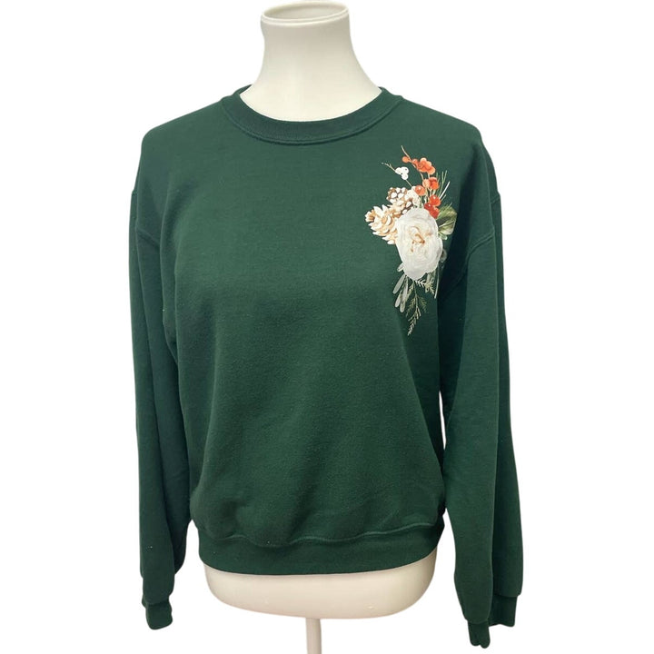 Hand Printed Upcycled Womens Small Christmas Rose Floral Pine Cone Sweatshirt