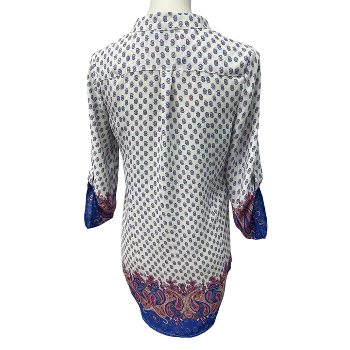 Wishful Park Small Red Blue White Floral Polka Dot Hi Low 1/2 Button Blouse Top