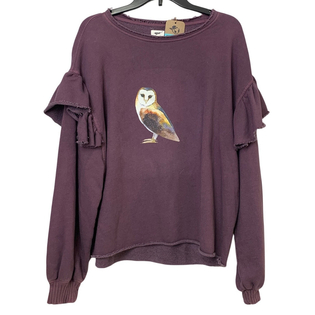 New Hand Printed Womens Small Woodland Owl Purple Ruffled Long Sleeve Sweatshirt