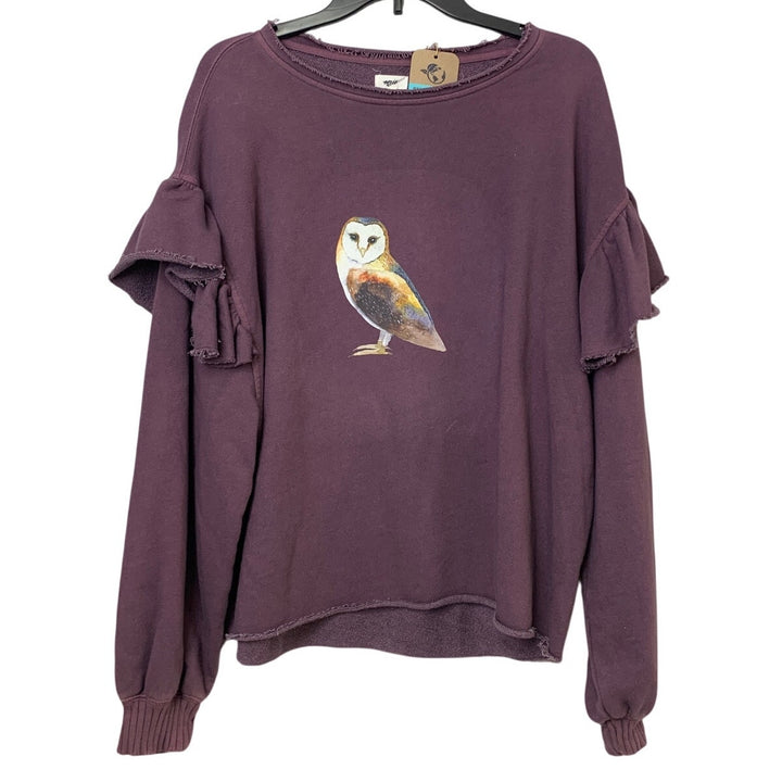 New Hand Printed Womens Small Woodland Owl Purple Ruffled Long Sleeve Sweatshirt