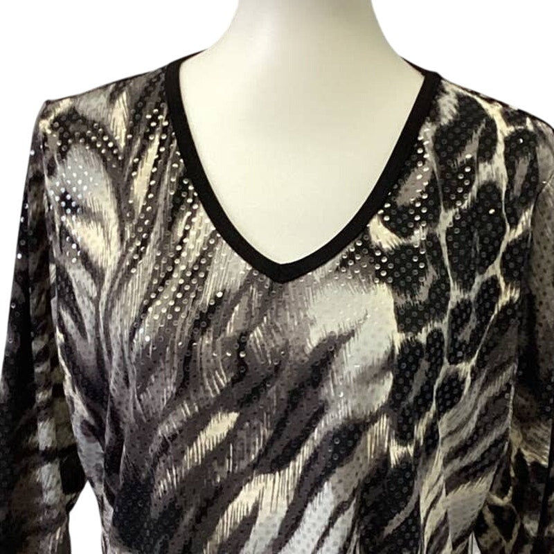 Susan Graver Large Animal Zebra Stripe Leopard Spot V-Neck Sequin Sparkle Top