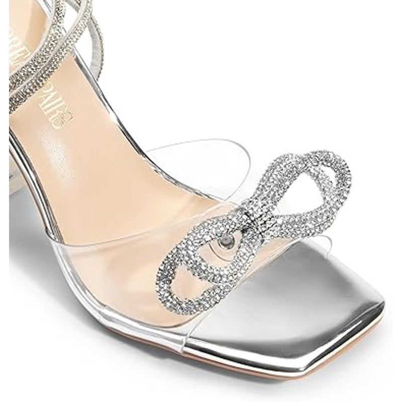 Dream Pairs Womens Size 8 Silver Shiny Bow Open Toe 4.5" Heel Ankle Strap Shoes