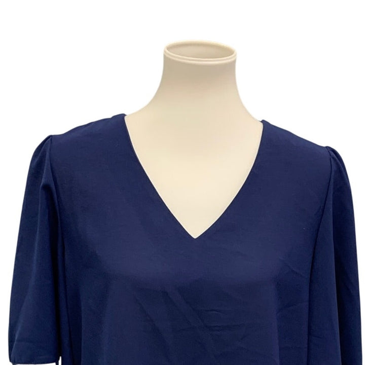 Womens Large Sheer Lightweight Deep V Neck Navy Blue Long Sleeve Top Blouse