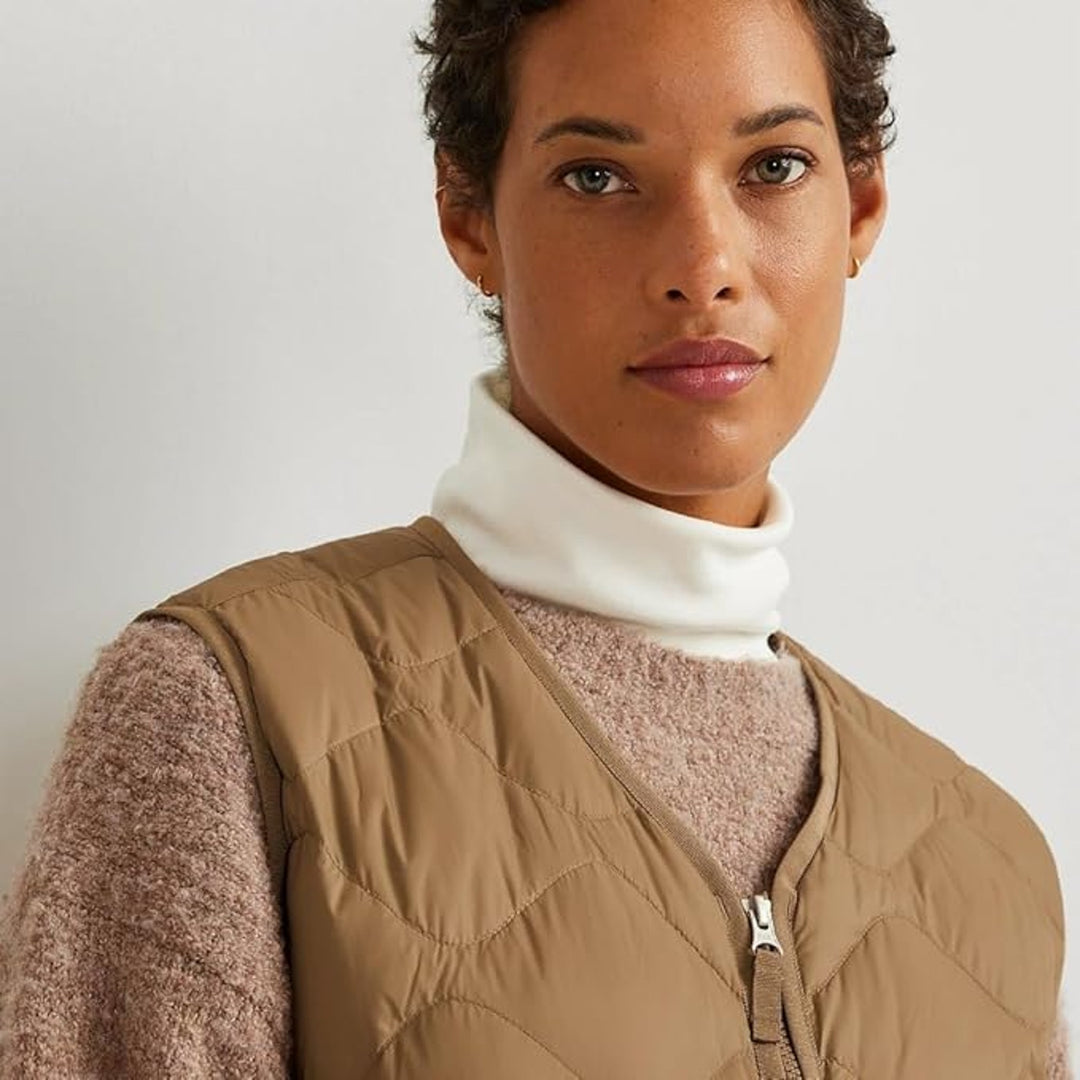 New Eddie Bauer Womens Camel Gold 650FP Down Shaw Zip Up Long Puffer Vest