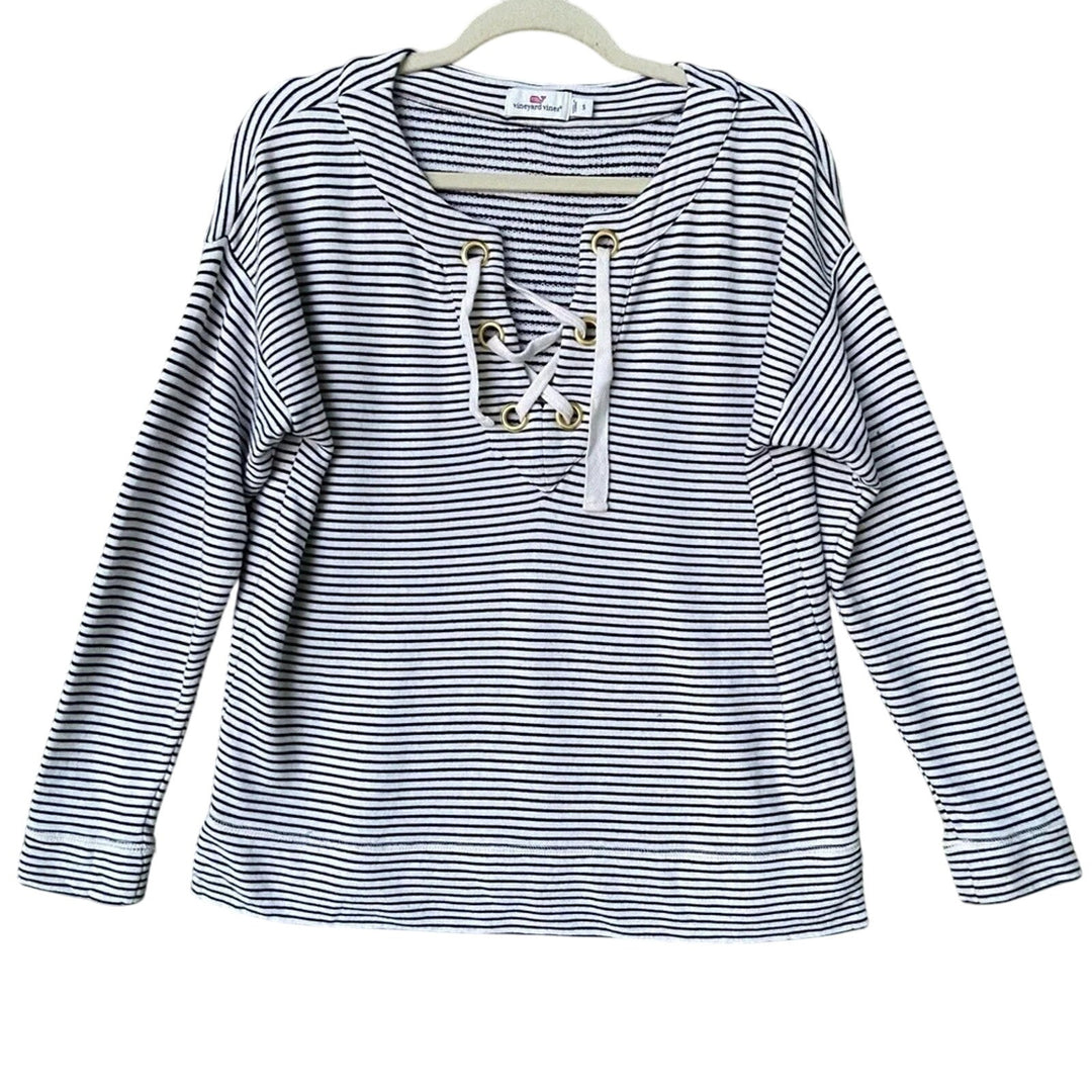 Vineyard Vines Womens Small Cotton Blend Long Sleeve Striped Laced Neck Sweater