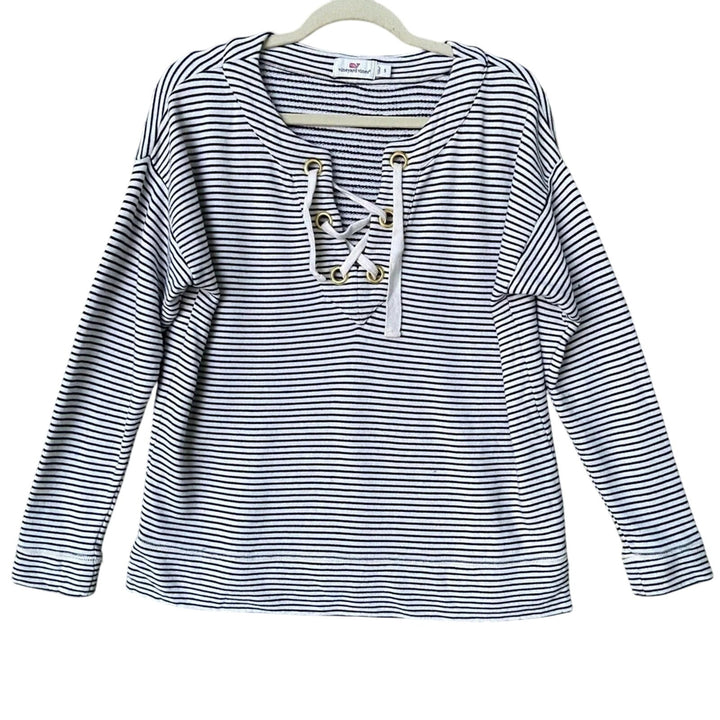 Vineyard Vines Womens Small Cotton Blend Long Sleeve Striped Laced Neck Sweater