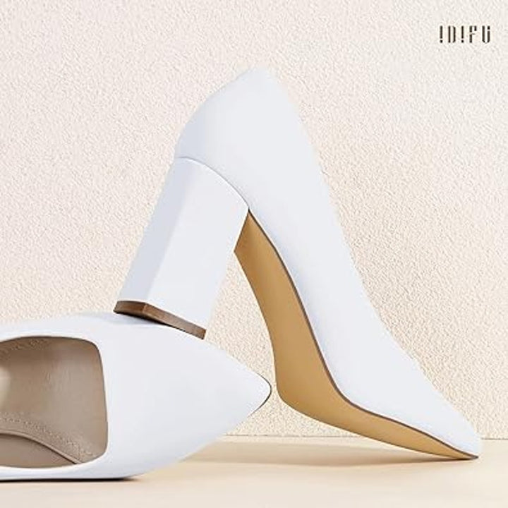 Idifu Womens Size 7.5 White Pointy Toe 3.5" Block Heel Slide On Pumps Shoes