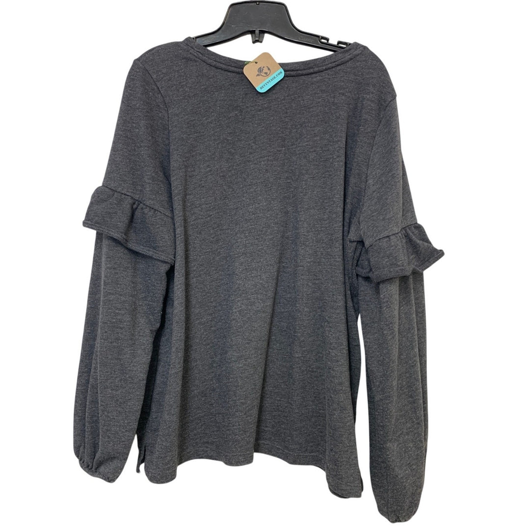 Upcycled Hand Printed Womens XL Gray Floral Butterfly Long Sleeve Tee Shirt