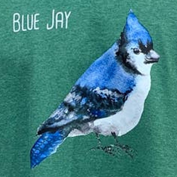 Mens 2X Watercolor Blue Jay Bird Hand Printed Upcycled Long Sleeve Tee Shirt