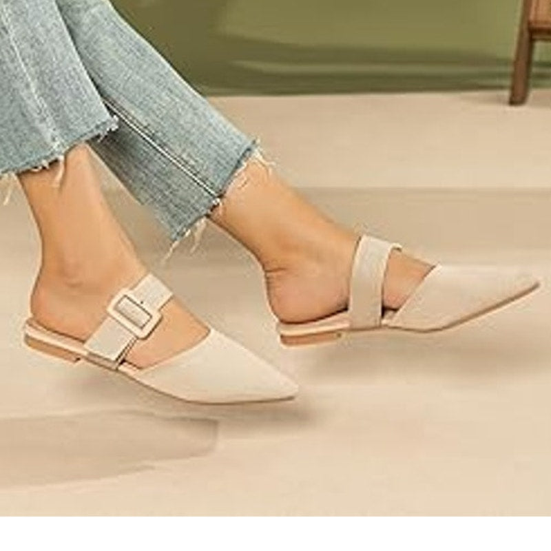 Meknitva Womens 9.5W Wide Tan Pointed Toe Mule Flat Slip On Sandal Shoes