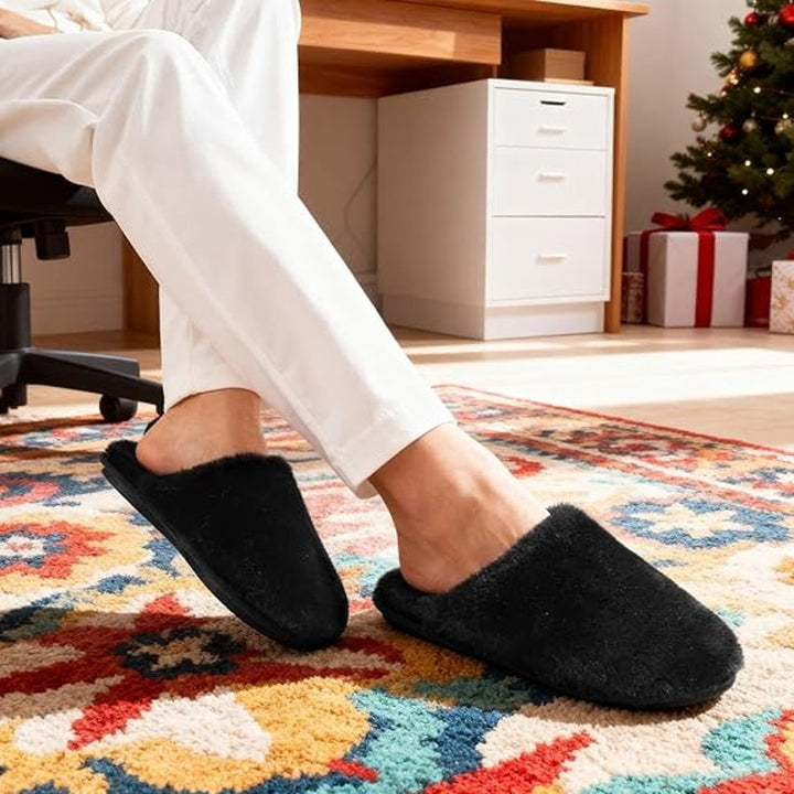Snug Leaves Womens Size 9-10 Black Fuzzy Slippers Memory Foam Slip On Shoes