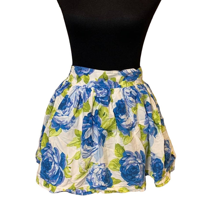 Abercrombie &amp; Fitch Medium Blue Floral Cotton Blend Short Elastic Waist Skirt