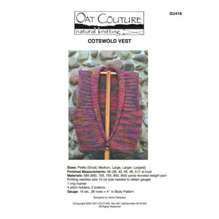 NWT Annie Dempsey Oat Couture GU416 Cotswold Vest Sweater Knitting Pattern