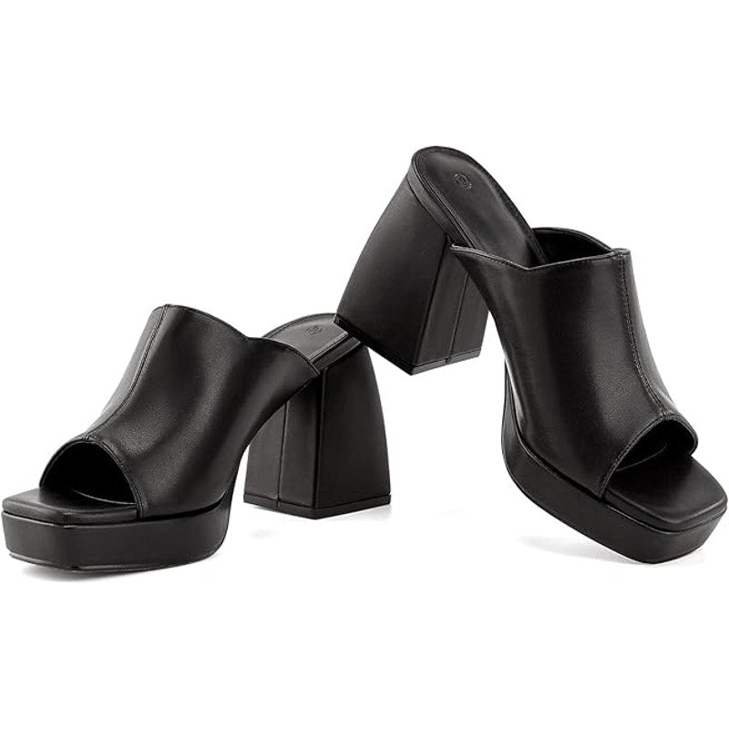 Coutgo Womens Size 7.5 Black Faux Leather 4" Platform Peep Toe Mule Sandal Shoes