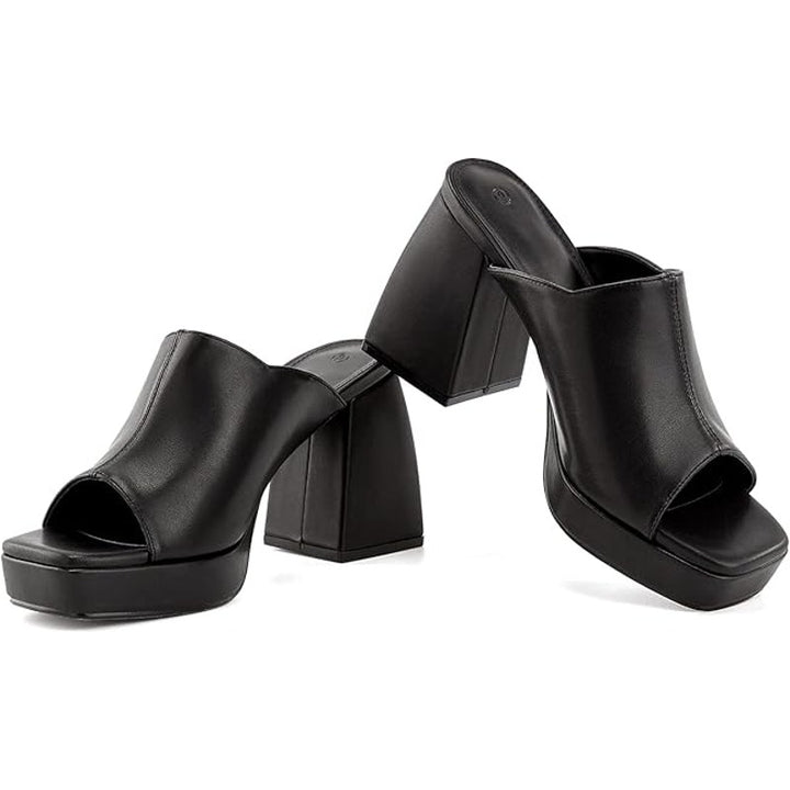 Coutgo Womens Size 7.5 Black Faux Leather 4" Platform Peep Toe Mule Sandal Shoes