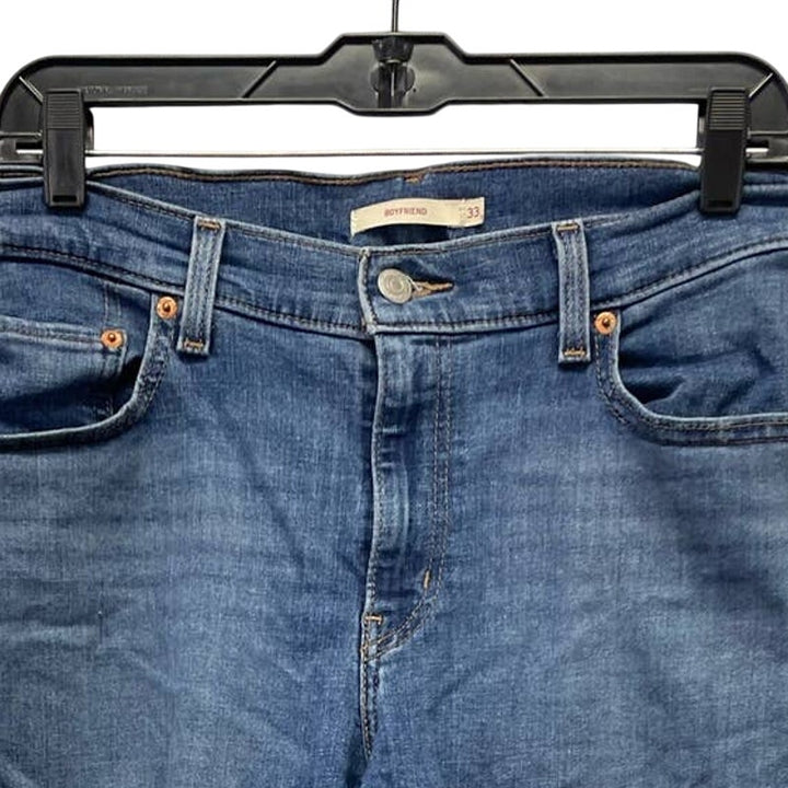 Levis Size 33 Factory Distress Cropped Boyfriend Stretch Cotton Denim Blue Jeans