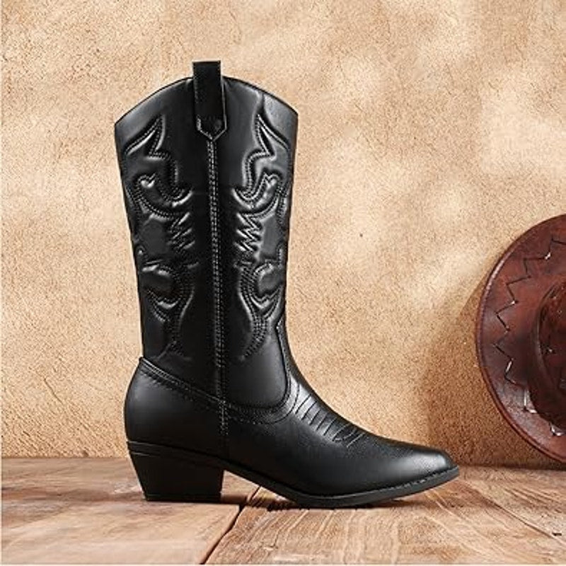 Dream Pairs Women Size 9.5 Black Faux Leather Mid Calf Western Cowboy Boot Shoes