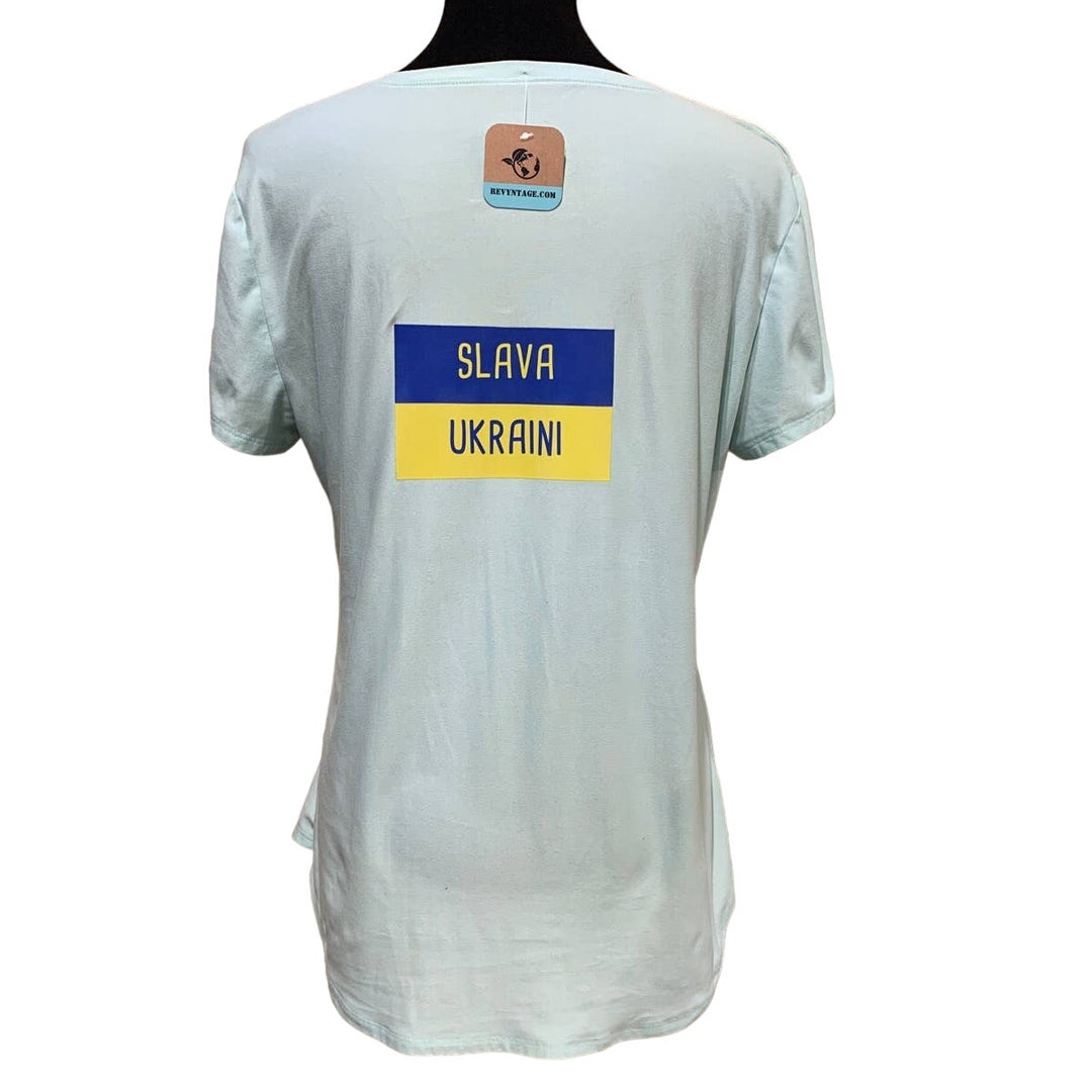 Upcycled Hand Printed XL Ukraine Flag Stork Bird Peace Slava Ukraini Artist Tee