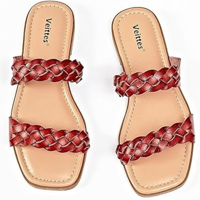 Veittes Womens Size 9.5 Brown Faux Leather Braided Strap Flat Slide Sandal Shoes