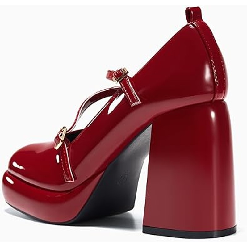 Coutgo Womens 7.5 Shiny Red 4" Chunky Heel Platform Mary Jane Closed Toe Shoes