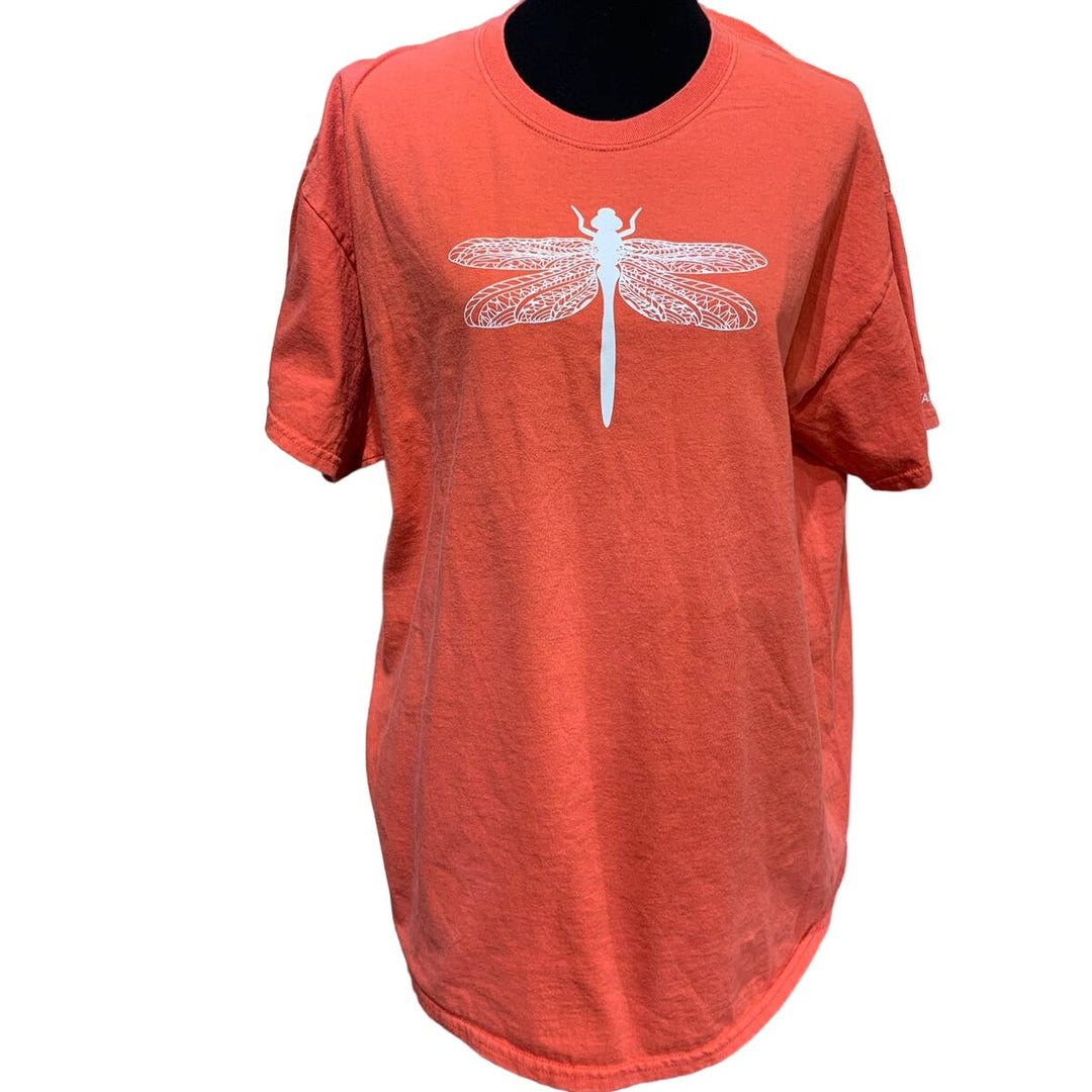 Hand Printed Upcycled Womens XL Dragonfly Short Slv Cotton Blend Crew Neck Tee