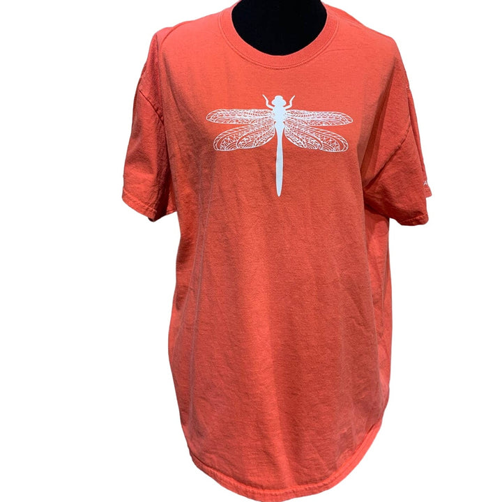 Hand Printed Upcycled Womens XL Dragonfly Short Slv Cotton Blend Crew Neck Tee