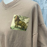 Hand Printed Upcycled Mens XL Wild Lion Cotton Blend Short Sleeve V-Neck Tee