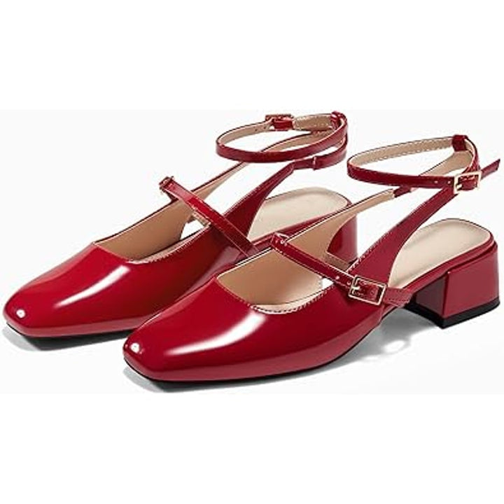 New Coutgo Womens Size 7.5 Shiny Red Mary Jane Chunky Low 1.5" Heels Shoes