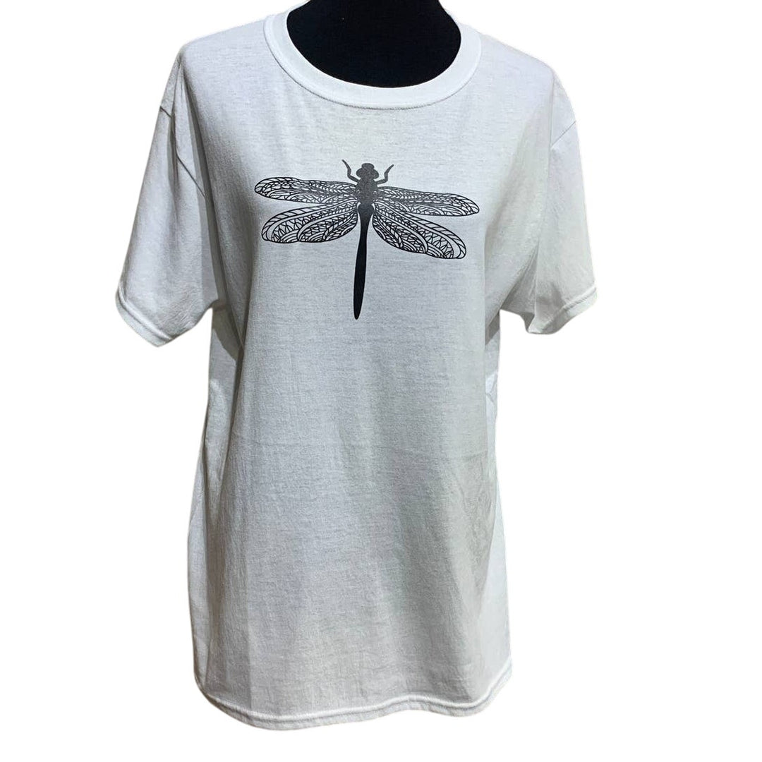 New Hand Printed Womens Medium Dragonfly Short Sleeve Cotton Crew Neck Tee