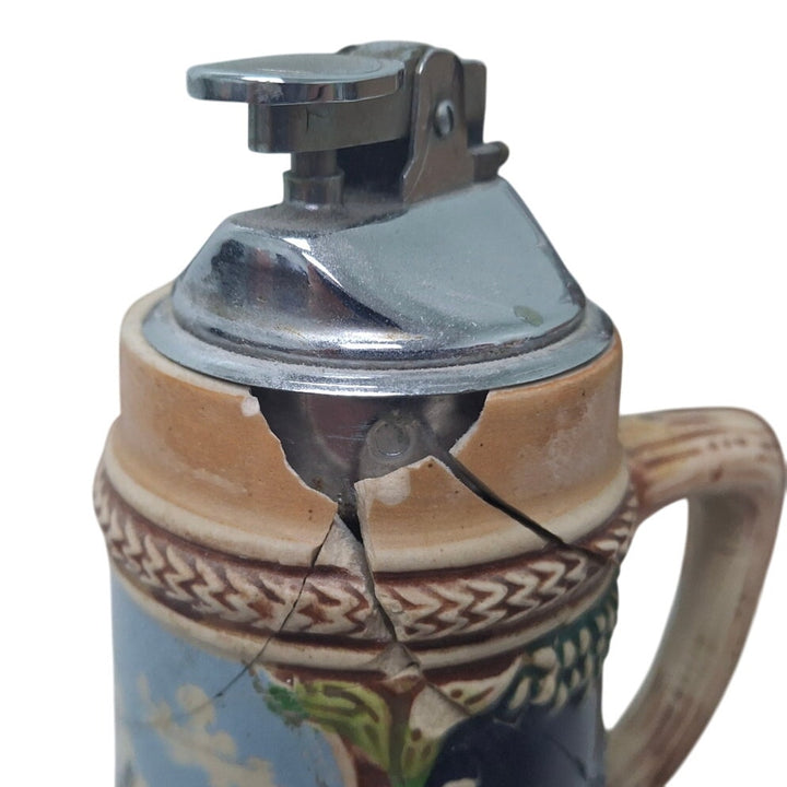 Vintage West Germany Cracked Collectible Ceramic Beer Stein w Strike Lighter Cap