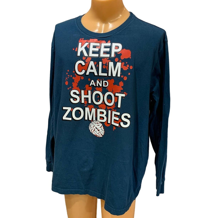 Hand Printed Upcycled Mens 2XL Halloween Keep Calm Shoot Zombies Long Sleeve Tee