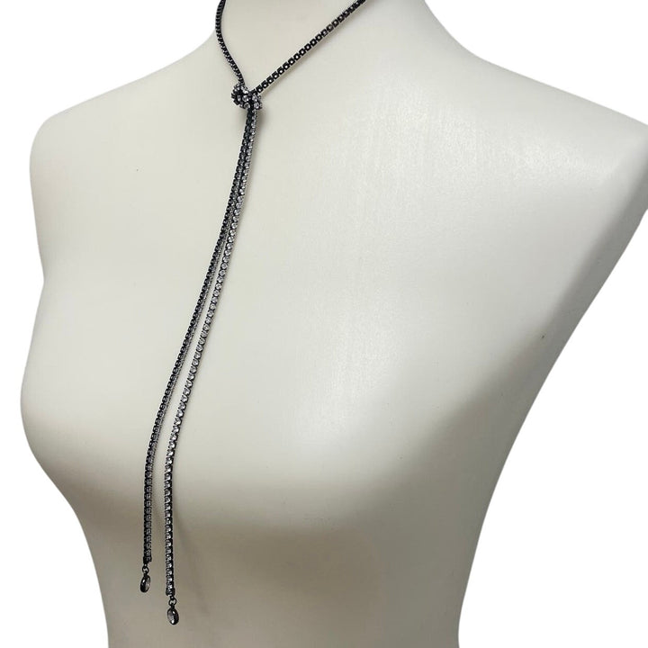 New in Red Gift Box Black Silver Rhinestone Long Knotted Lariat Necklace Jewelry