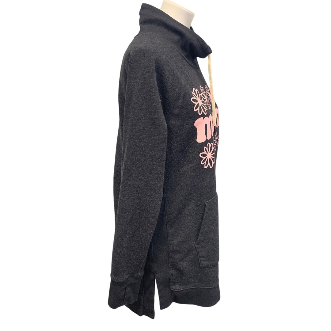Hand Printed Upcycled Womens Large MAMA Mock Hoodie Front Pocket Sweatshirt