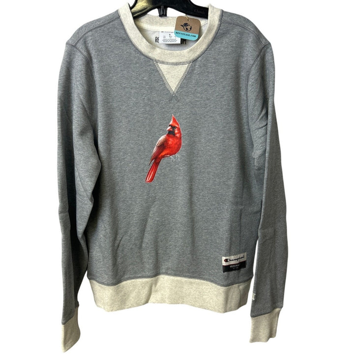 New Hand Printed Womens Small Red Cardinal Bird Long Sleeve Heathered Sweatshirt
