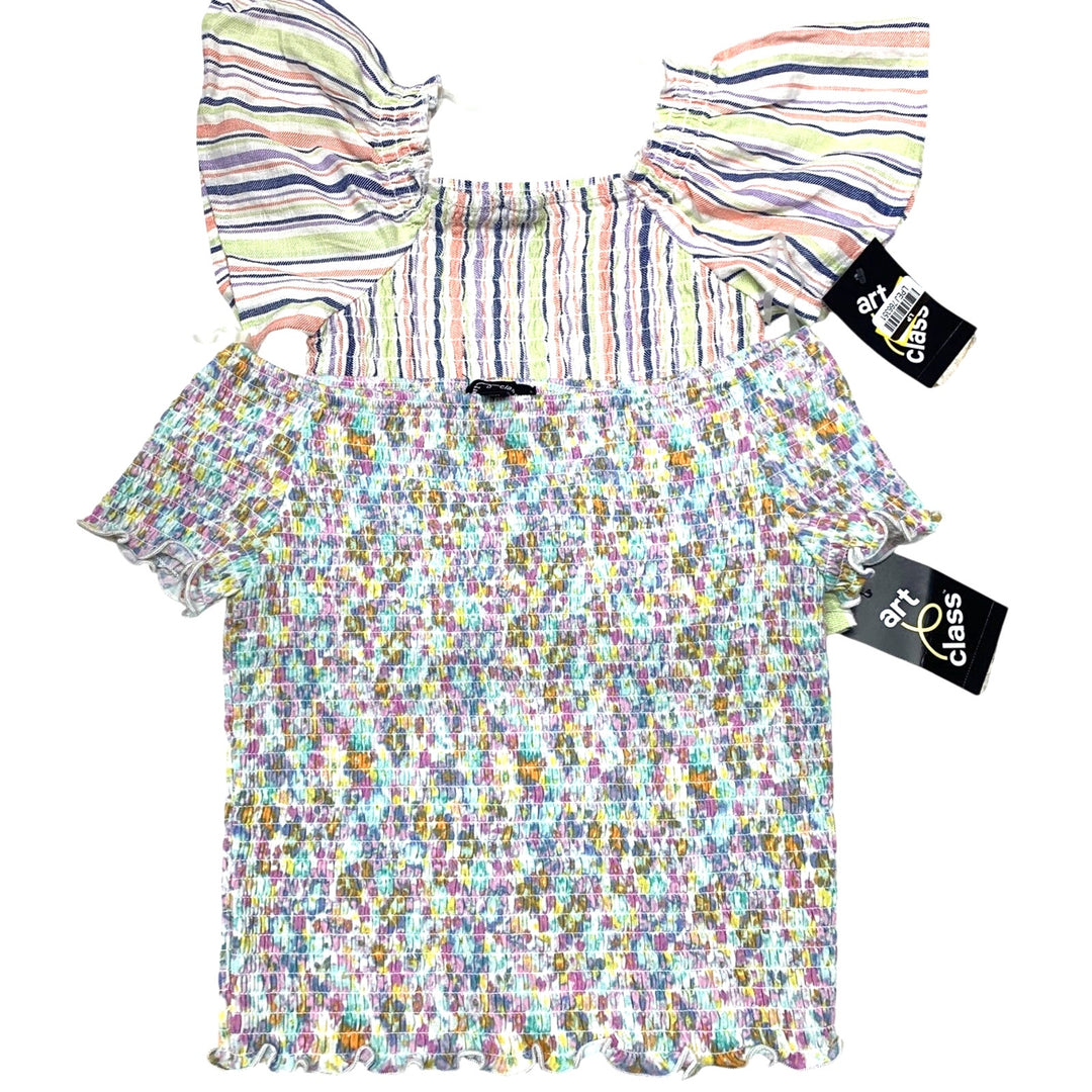 2 New Art Class Girls XL Smocked Stripe Ruffled Sleeve Stretchy Tops Blouses
