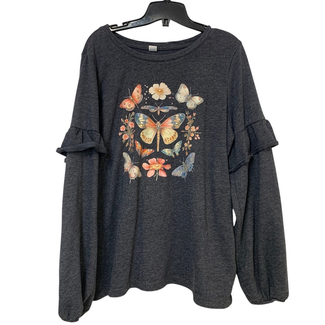 Upcycled Hand Printed Womens XL Gray Floral Butterfly Long Sleeve Tee Shirt