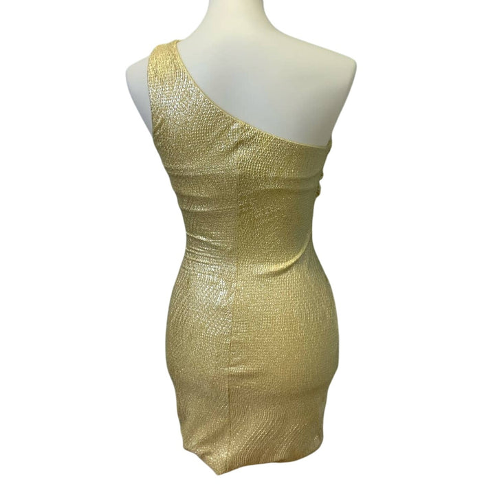 AUW As You Wish Womens Small One Shoulder Swoop Shiny Gold Sleeveless Dress