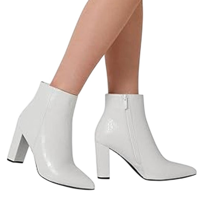Dream Pairs Womens Size 9.5 White Faux Leather3.5" Chunky Heel Ankle Boot Shoes