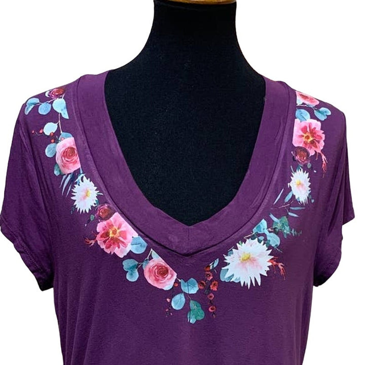 Hand Printed Upcycled XXL Pink Rose Flower Short Sleeve Hi Low V-Neck Tee Shirt