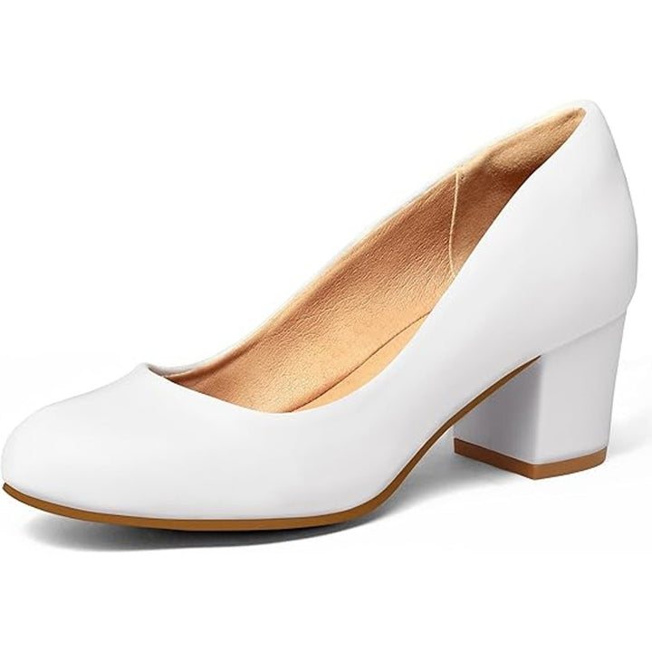 Mysoft Womens Size 8 White Rounded Toe 2.25" Block Heel Slide On Pumps Shoes