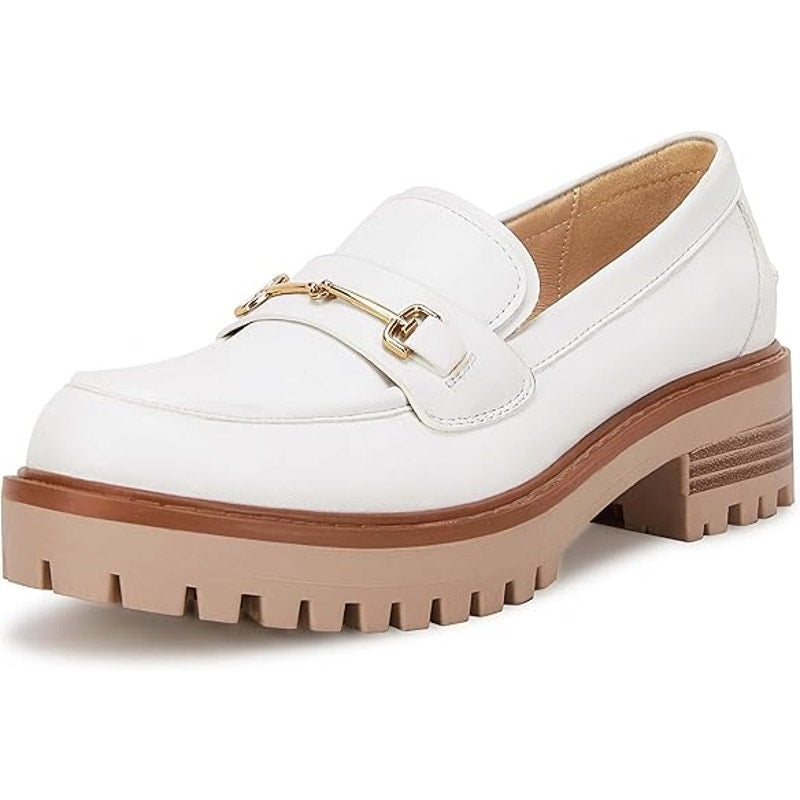 Vetaste Womens Size 8 White Faux Leather Platform Chunky Heel Loafers Shoes