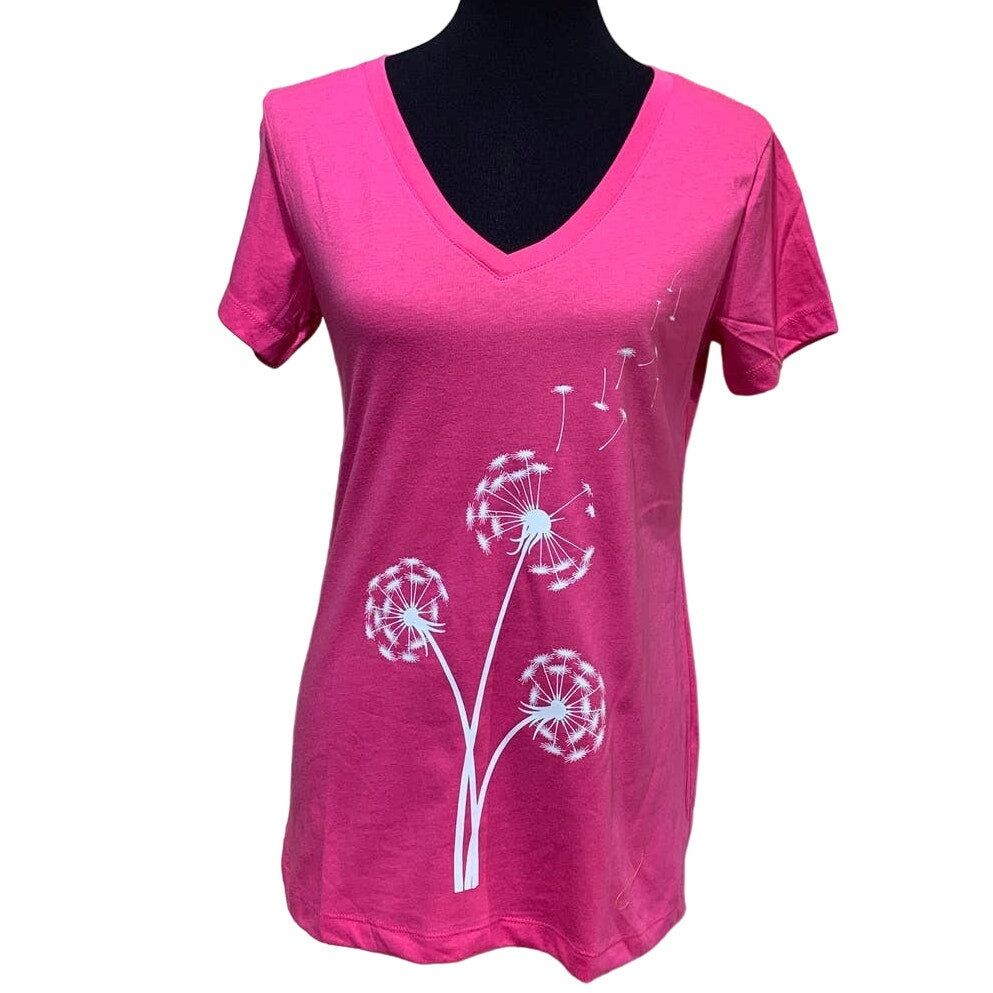 New Hand Printed Large Make A Wish Dandelion Short Sleeve PolyCotton V-Neck Tee