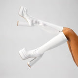 Wetkiss Womens Size 6 White Faux Leather 5.5" Platform Heel Knee High GoGo Boots